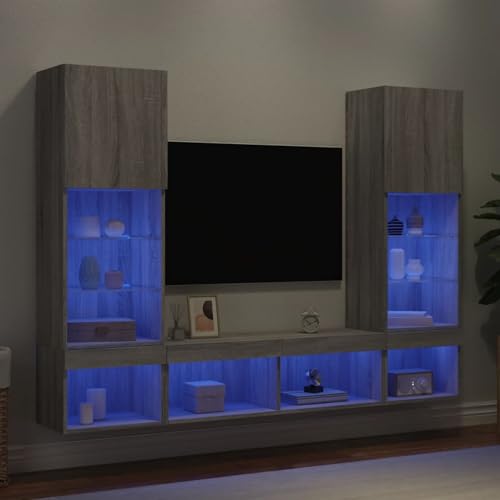 Rantry 5-TLG. Wohnwand mit LED-Beleuchtung Grau Sonoma Holzwerkstoff Hängeschrank Küche Model3216695 von Rantry