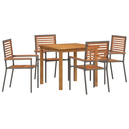 Rantry 5-teilige Garten-Essgruppe Grau Poly-Rattan Akazie, Stapelbare Gartenstühle mit Kissen 2 Stück Grau Poly-Rattan Gartenlounge Model3365515 von Rantry