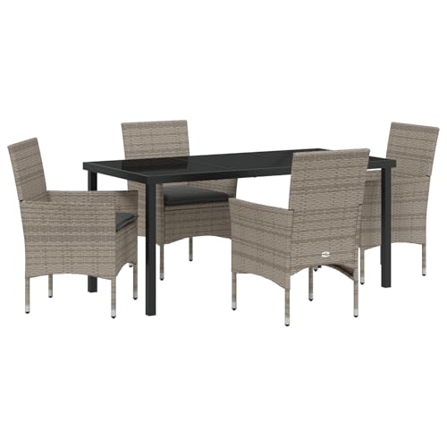 Rantry 5-teilige Garten Essgruppe mit Kissen Graues Poly-Rattan, Gartentisch Schwarz 160x80x73 cm Sicherheitsglas Gartenlounge Model3379789 von Rantry