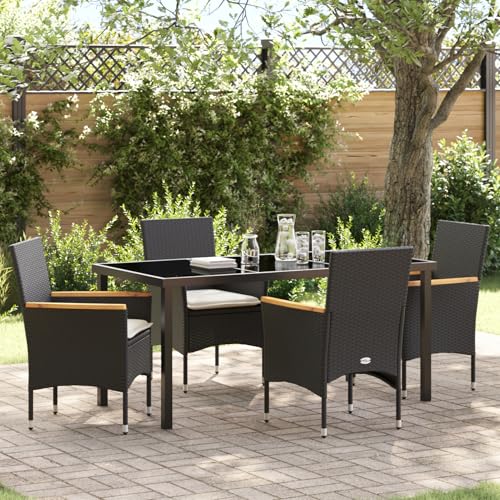 Rantry 5-teilige Garten-Essgruppe mit Kissen Schwarz Poly-Rattan, Gartentisch Schwarz 160x80x73 cm Sicherheitsglas Gartenlounge Model3379845 von Rantry