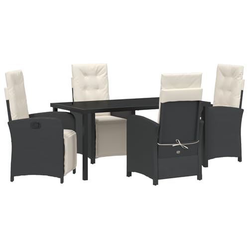 Rantry 5-teilige Garten Essgruppe mit Kissen Schwarz Poly Rattan, Gartentisch Schwarz 160x80x73 cm Tempered Glass Gartenlounge Model3380305 von Rantry