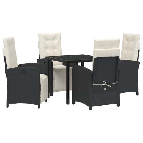 Rantry 5-teilige Garten Essgruppe mit Kissen Schwarz Poly Rattan, Gartentisch Schwarz 80x80x73 cm Sicherheitsglas Gartenlounge Model3380303 von Rantry