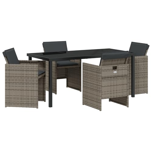 Rantry 5-teilige Garten Essgruppe mit Kissen in Grau aus Polyrattan, Gartentisch Schwarz 160x80x73 cm mit GEH?rtetem Glas Gartenlounge Model3380599 von Rantry