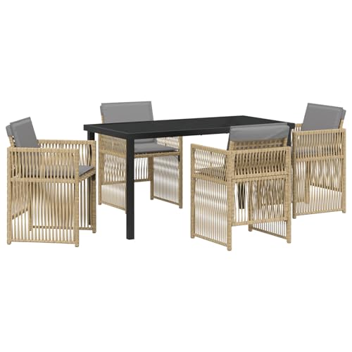 Rantry 5-teilige Garten Essgruppe mit Kissen in beigem Poly-Rattan, Gartentisch in Schwarz 140x80x73 cm mit GEH?rtetem Glas Gartenlounge Model3380670 von Rantry