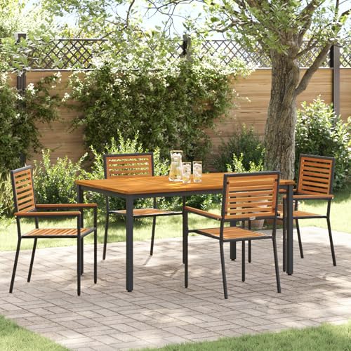 Rantry 5-teiliges Garten-Ess-Set Schwarz Poly Rattan Akazie, Stapelbare Gartenstühle mit Kissen 2 Stück Schwarz Poly Rattan, Gartentisch 150x90x75 cm aus massiver Akazie und Metall Gartenlounge Model3 Rantry 5-teiliges Garten-Ess-Set Schwarz Poly Rattan Akazie, Stapelbare Gartenstühle mit Kissen 2 Stück Schwarz Poly Rattan, Gartentisch 150x90x75 cm aus massiver Akazie und Metall Gartenlounge Model3 von Rantry