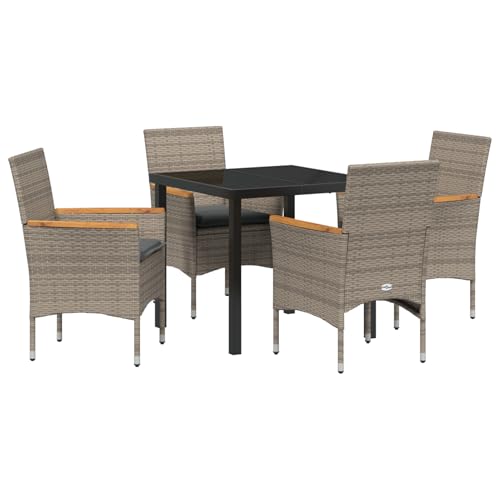 Rantry 5-teiliges Garten Essen Set mit Kissen Grau Poly-Rattan, Gartentisch Schwarz 80x80x73 cm Sicherheitsglas Gartenlounge Model3379850 von Rantry