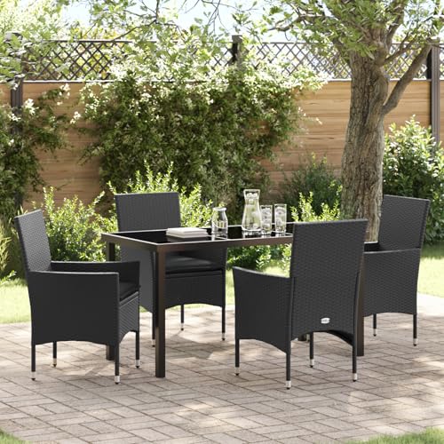 Rantry 5-teiliges Garten Essgruppe Set mit Kissen Schwarz Poly-Rattan, Gartentisch Schwarz 140x80x73 cm Sicherheitsglas Gartenlounge Model3379774 von Rantry