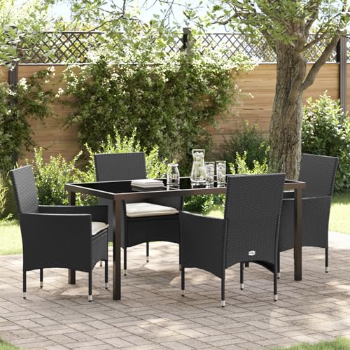 Rantry 5-teiliges Garten-Essgruppe mit Kissen Schwarz Poly Rattan, Gartentisch Schwarz 160x80x73 cm Temperede Glass Gartenlounge Model3379768 von Rantry