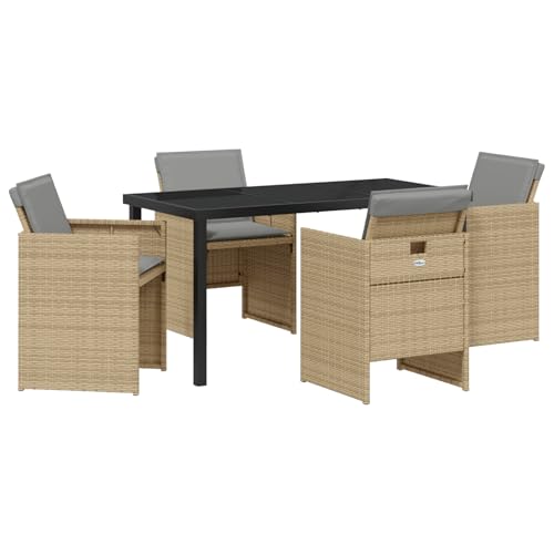 Rantry 5-teiliges Garten Essset mit Kissen Beige Poly Rattan, Gartentisch Schwarz 140x80x73 cm GEH?rtetes Glas Gartenlounge Model3380614 von Rantry