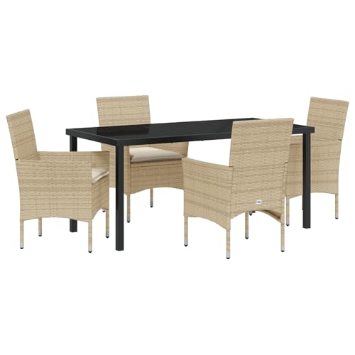 Rantry 5-teiliges Garten-Essset mit Kissen Beige Poly Rattan, Gartentisch Schwarz 160x80x73 cm Tempered Glass Gartenlounge Model3379803 von Rantry