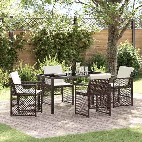 Rantry 5-teiliges Garten Essset mit Kissen Braun Poly Rattan, Gartentisch Schwarz 140x80x73 cm Mit Sicherheitsglas Gartenlounge Model3380630 von Rantry