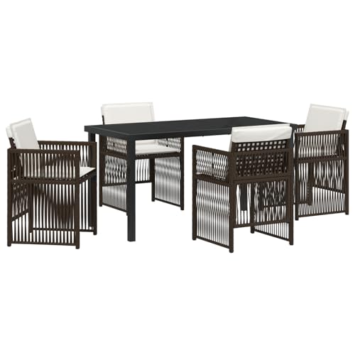 Rantry 5-teiliges Garten-Essset mit Kissen Braun Poly-Rattan, Gartentisch Schwarz 140x80x73 cm mit GEH?rtetem Glas Gartenlounge Model3380658 von Rantry