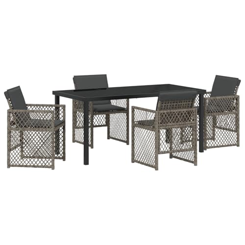 Rantry 5-teiliges Garten Essset mit Kissen Grau Poly Rattan, Gartentisch Schwarz 160x80x73 cm Tempered Glass Gartenlounge Model3380627 von Rantry