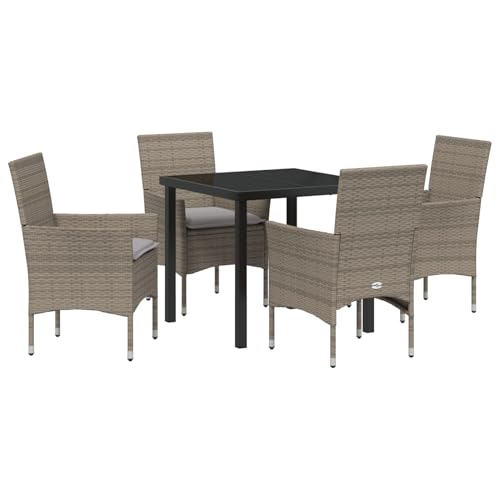 Rantry 5-teiliges Garten-Essset mit Kissen Grau Poly Rattan, Gartentisch Schwarz 80x80x73 cm Tempered Glass Gartenlounge Model3379787 von Rantry