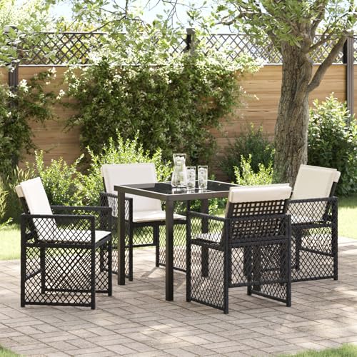 Rantry 5-teiliges Garten-Essset mit Kissen Schwarz Poly Rattan, Gartentisch Schwarz 80x80x73 cm Tempered Glass Gartenlounge Model3380617 von Rantry