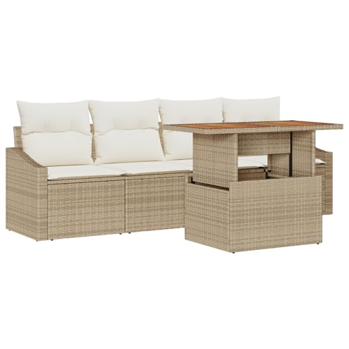 Rantry 5-teiliges Garten Esstisch Set mit Kissen Beige Poly Rattan Akazie Gartenlounge Model3349770 von Rantry