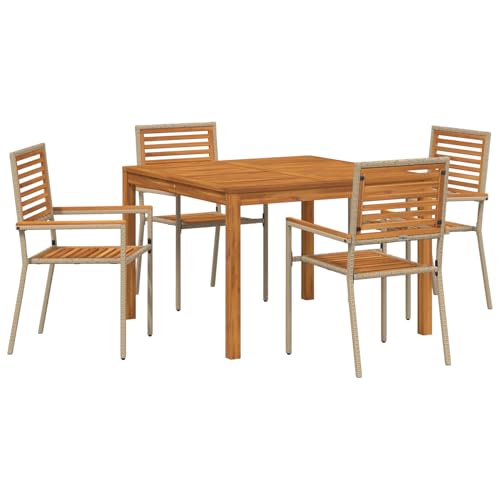 Rantry 5-teiliges Garten-Esstischset Beige Poly-Rattan Akazie, Stapelbare Gartenstühle mit Kissen - Set von 2 in Beige Poly-Rattan Gartenlounge Model3365534 von Rantry