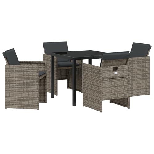 Rantry 5-teiliges Garten-Esszimmer Set mit Kissen Grau Poly Rattan, Gartentisch Schwarz 80x80x73 cm Tempered Glass Gartenlounge Model3380597 von Rantry