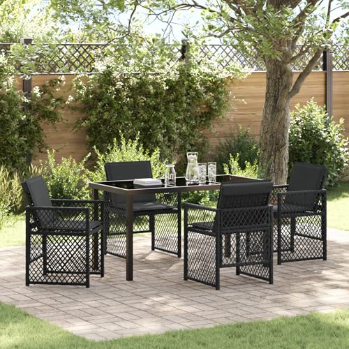 Rantry 5-teiliges Garten Esszimmer Set mit Kissen Schwarz Poly Rattan, Gartentisch Schwarz 140x80x73 cm GEH?rtetes Glas Gartenlounge Model3380622 von Rantry