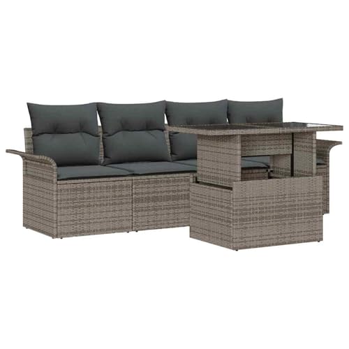 Rantry 5-teiliges Garten-Sofa-Set mit Kissen Grau Poly-Rattan, 2-Sitzer Garten-Sofa mit Stauraum & Kissen Grau Poly-Rattan Gartenlounge Model3356922 von Rantry