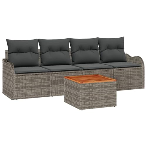 Rantry 5-teiliges Garten-Sofa-Set mit Kissen Graues Poly-Rattan Akazie, 2-Sitzer Garten-Sofa mit Stauraum & Kissen Graues Poly-Rattan Gartenlounge Model3356053 von Rantry