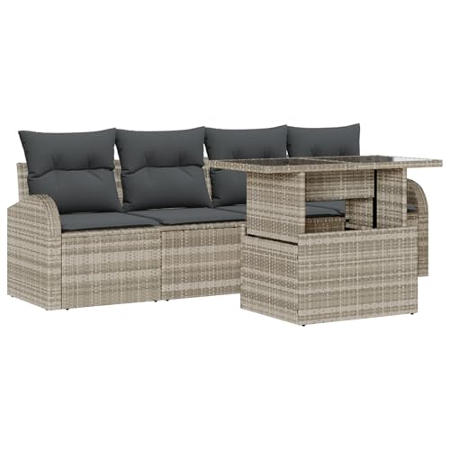 Rantry 5-teiliges Garten Sofaset mit Kissen Hellgrau Poly Rattan, 2-Sitzer Garten Sofa mit Stauraum & Kissen Hellgrau Poly Rattan Gartenlounge Model3357285 von Rantry