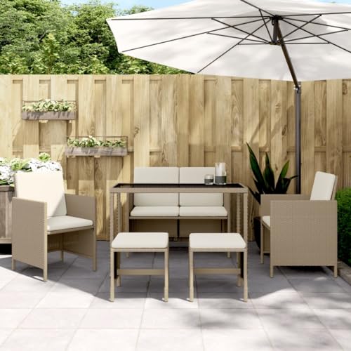 Rantry 6-TLG. Garten Essgruppe mit Kissen Gartenmöbel Set Sitzgruppe Stühle mit Tisch Garnitur Gartenlounge Set Gartengarnitur Gartenstühle Gartenmöbel Terrasse Balkon Beige Poly Rattan von Rantry