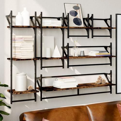 Rantry 6-TLG. Wandregal-Set mit Stangen Räuchereiche Holzwerkstoff Floating Shelves Model836270 von Rantry