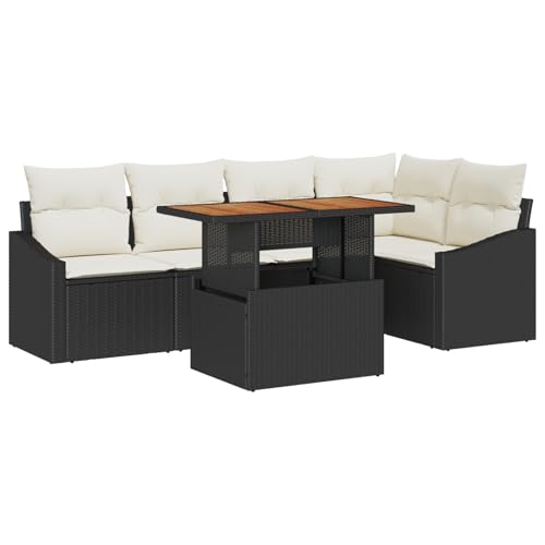 Rantry 6-teilige Garten-Essgruppe mit Kissen Schwarz Poly Rattan Akazie Gartenlounge Model3349837 von Rantry
