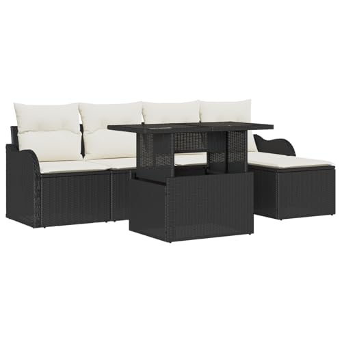 Rantry 6-teilige Garten-Sofa-Set mit Kissen Schwarz Poly-Rattan, 2-Sitzer Garten-Sofa mit Stauraum & Kissen Schwarz Poly-Rattan Gartenlounge Model3357180 von Rantry