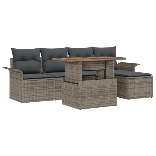 Rantry 6-teiliges Garten Esstisch Set mit Kissen Grau Poly Rattan Akazie Gartenlounge Model3349320 von Rantry