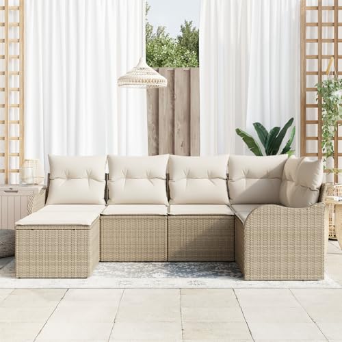 Rantry 6-teiliges Garten Sofa Set mit Kissen Beige Poly Rattan, 2-Sitzer Garten Sofa mit Stauraum & Kissen Beige Poly Rattan Gartenlounge Model3354440 von Rantry