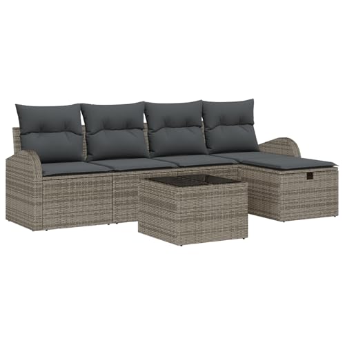 Rantry 6-teiliges Garten Sofa Set mit Kissen Grau Poly Rattan, 2-Sitzer Garten Sofa mit Stauraum & Kissen Grau Poly Rattan Gartenlounge Model3360400 von Rantry