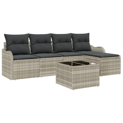 Rantry 6-teiliges Garten Sofa Set mit Kissen Grau Poly Rattan, 2-Sitzer Garten Sofa mit Stauraum & Kissen Hellgrau Poly Rattan Gartenlounge Model3354341 von Rantry