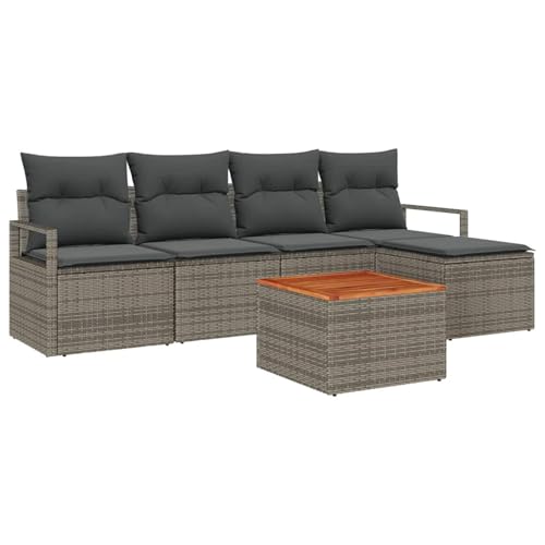 Rantry 6-teiliges Garten Sofa Set mit Kissen Graues Poly Rattan Akazie, 2-Sitzer Garten Sofa mit Kissen Graues Poly Rattan Gartenlounge Model3347692 von Rantry