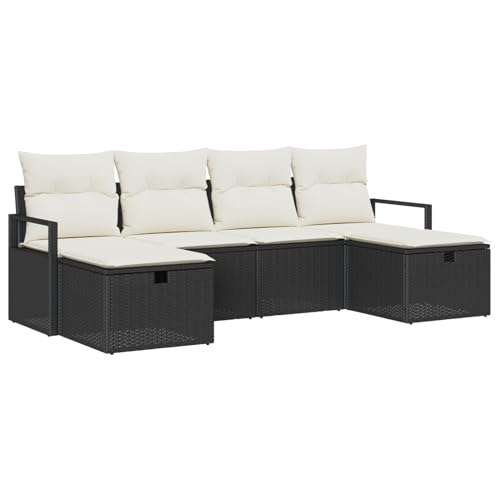 Rantry 6-teiliges Garten-Sofa-Set mit Kissen Schwarz Poly Rattan, 2-Sitzer Garten-Sofa mit Stauraum & Kissen Schwarz Poly Rattan Gartenlounge Model3360548 von Rantry