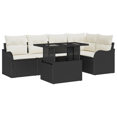 Rantry 6-teiliges Garten Sofa Set mit Kissen Schwarzes Poly Rattan, 2-Sitzer Garten Sofa mit Kissen Schwarzes Poly Rattan Gartenlounge Model3348463 von Rantry