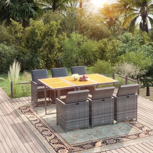 Rantry 7-TLG. Garten-Essgruppe mit Kissen Poly Rattan Grau Garten-Esstisch und Stühle Model3095551 von Rantry