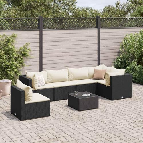 Rantry 7-TLG. Garten-Lounge-Set mit Kissen Schwarz Poly Rattan Gartenliege Model3308176 von Rantry
