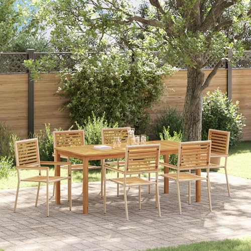 Rantry 7 Teiliges Garten Essgruppe Beige Poly Rattan Akazie, Stapelbare Gartenstühle mit Kissen - Set aus 2 in Beige Poly Rattan Gartenlounge Model3365543 von Rantry