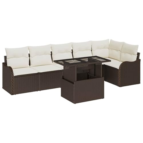 Rantry 7-Teiliges Garten Sofa Set mit Kissen Braun Poly Rattan, 2-Sitzer Garten Sofa mit Kissen Braun Poly Rattan Gartenlounge Model3348474 von Rantry