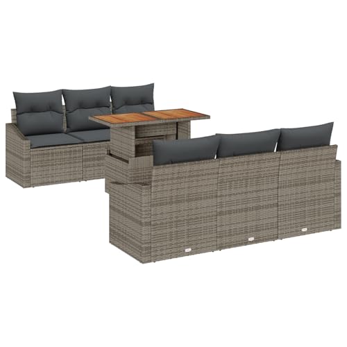 Rantry 7-teilige Garten-Essgruppe mit Kissen Grau Poly Rattan Akazie Gartenlounge Model3349782 von Rantry