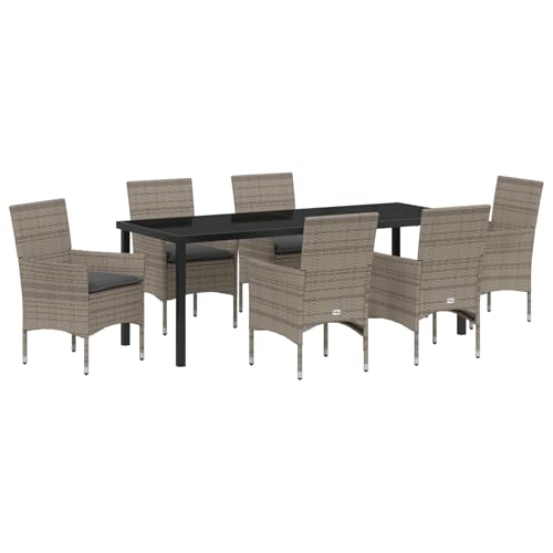 Rantry 7-teilige Garten Essgruppe mit Kissen Graues Poly Rattan, Gartentisch Schwarz 200x80x73 cm GEH?rtetes Glas Gartenlounge Model3379791 von Rantry