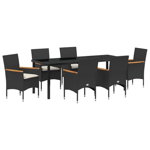 Rantry 7-teilige Garten-Essgruppe mit Kissen Schwarz Poly-Rattan, Gartentisch Schwarz 200x80x73 cm mit Sicherheitsglas Gartenlounge Model3379847 von Rantry