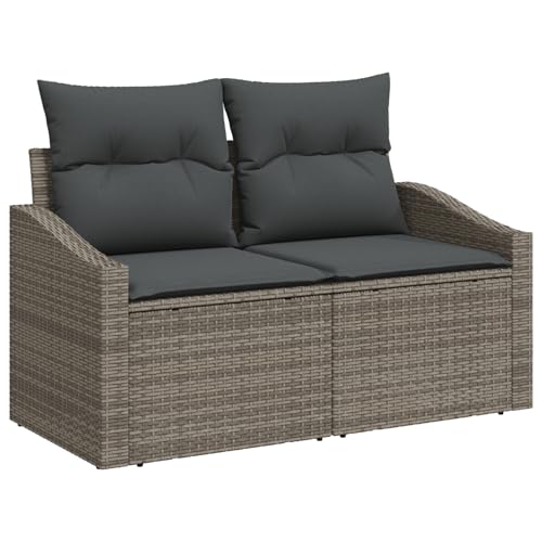 Rantry 7-teilige Garten Esstisch Set mit Kissen Grau Poly Rattan Akazie Gartenlounge Model3349845 von Rantry