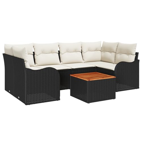 Rantry 7-teilige Garten-Sofa-Set mit Kissen Schwarz Poly Rattan Akazie, 2-Sitzer Garten-Sofa mit Stauraum & Kissen Schwarz Poly Rattan Gartenlounge Model3356073 von Rantry
