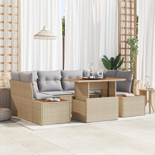 Rantry 7-teiliges Garten Dining Set mit Kissen Beige Poly Rattan Akazie Gartenlounge Model3350037 von Rantry