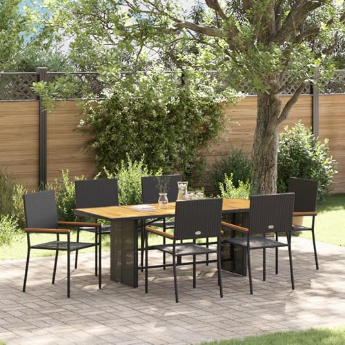 Rantry 7-teiliges Garten Essgruppe Schwarz Poly-Rattan, Stapelbare Gartenstühle mit Kissen - 2-teiliges Set in Schwarz Poly-Rattan Gartenlounge Model3365430 von Rantry