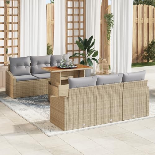 Rantry 7-teiliges Garten Essgruppe mit Kissen Beige Poly Rattan Akazie Gartenlounge Model3349783 von Rantry