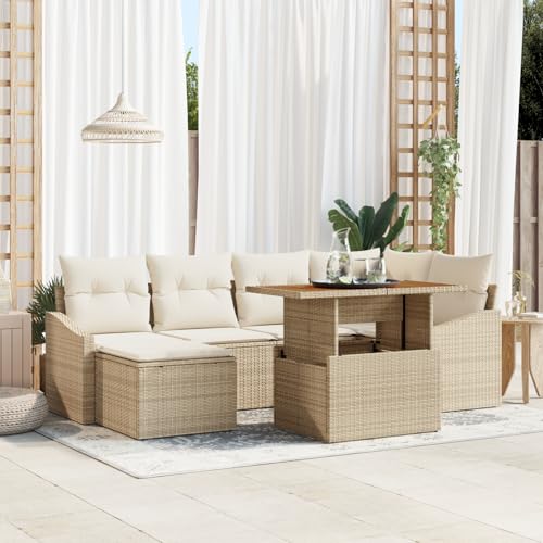 Rantry 7-teiliges Garten Essgruppe mit Kissen Beige Poly Rattan Akazie Gartenlounge Model3349861 von Rantry